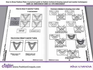 Pages 34-35.How to draw V-neck for T-shirts. Common mistakes in drawing crew collar.